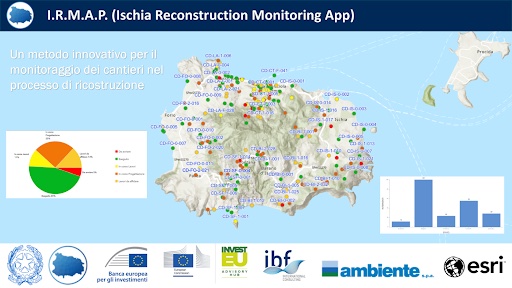 IRMAP, Ischia Reconstruction Monitoring App: mappa dell'isola d'Ischia con i cantieri colorati per stato e i grafici di avanzamento