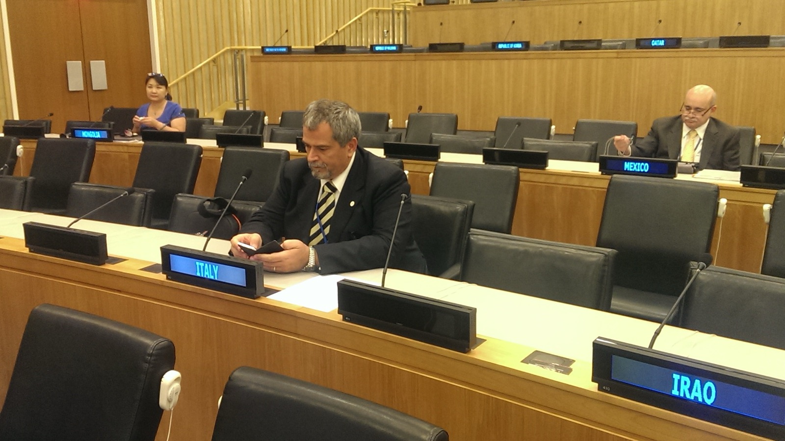 Dimitri Dello Buono seduto al tavolo con la targa ITALY in una sala delle Nazioni Unite a New York